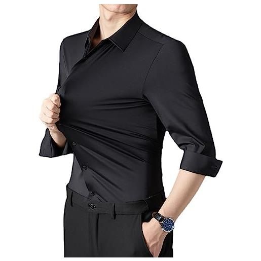 WINDEHAO camicia da uomo senza traccia elastica, non ferro slim fit maniche lunghe camicia d'affari classica resistente alle rughe camicie lavoro (39/m, black)