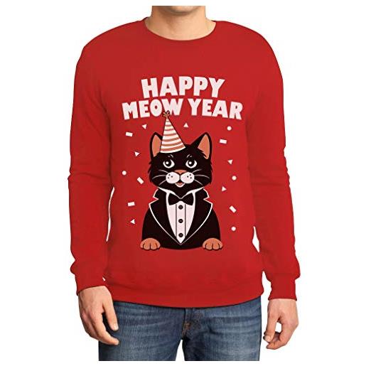 Shirtgeil happy meow year!Auguri di buon anno - gatto felpa/maglione da uomo large rosso