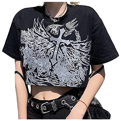 FUZUAA delle donne y2k punk gotico scheletro crop top e-ragazze 90s goth vintage manica corta t shirt stampa grafica streetwear (color: black, size: l)