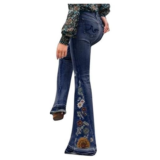 OBiQuzz pantaloni a zampa da donna con fiori eleganti, elasticizzati, alla moda, stile retrò, skinny, sottili, casual, a vita alta, larga, alla moda, a gamba larga, stile retrò, in denim, z03kaki, xl