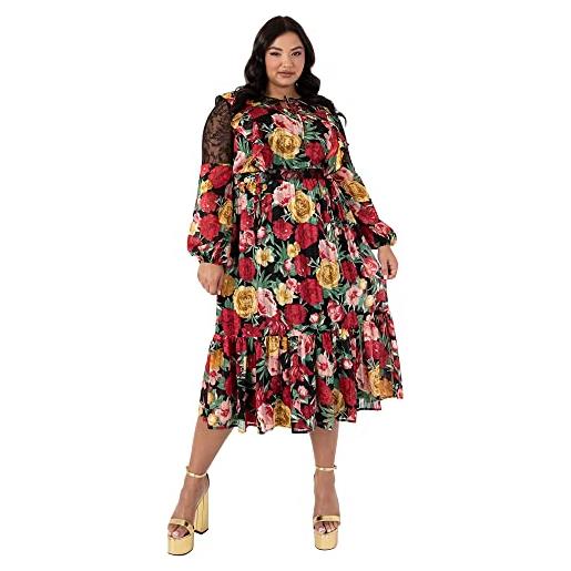 Lovedrobe womens plus size dress ladies midi evening gown long sleeve mesh collar flowers roses a line cut party vestito, 20 donna