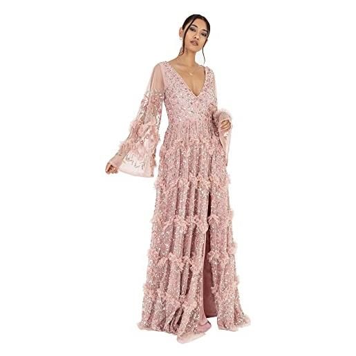 Maya Deluxe ladies womens maxi dress v neckline sequin with ruffle empire waist slit split for prom ball bridesmaid wedding guest vestiti, frosted pink, 40 eu da donna