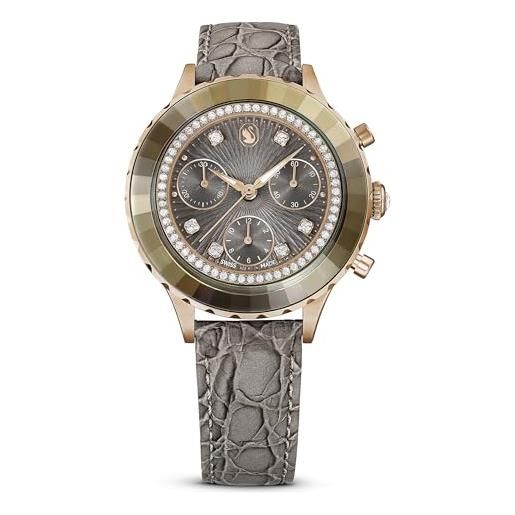 Swarovski orologio octea chrono, fabbricato in svizzera, cinturino in pelle, grigio, finitura in tono oro rosa
