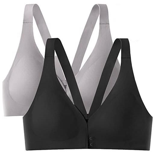 MODISTE 2pcs gathering and supporting front buckle bra, women no underwire padded wireless bra, comfort and soft bras (grey+black, m)