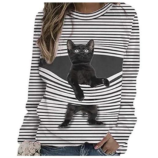 SalmophC felpa girocollo con stampa a maniche lunghe 3d con grafica a forma di gatto da donna pullover con cerniera casual a righe con stampa di gatto nero