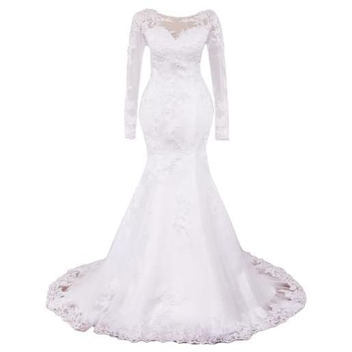 HEULORIA abito da sposa sirena perline pizzo scollo rotondo manica lunga grand vestito da sposa lungo treno me-ol-1016 (42, white)