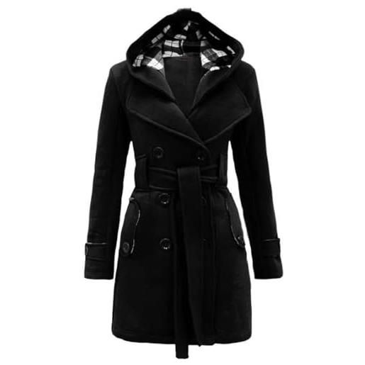 Yeooa trench invernale da donna di media lunghezza con cappuccio cappotto caldo moda abbigliamento casual bavero classico doppiopetto abbottonatura elegante cappotto (nero, xl)