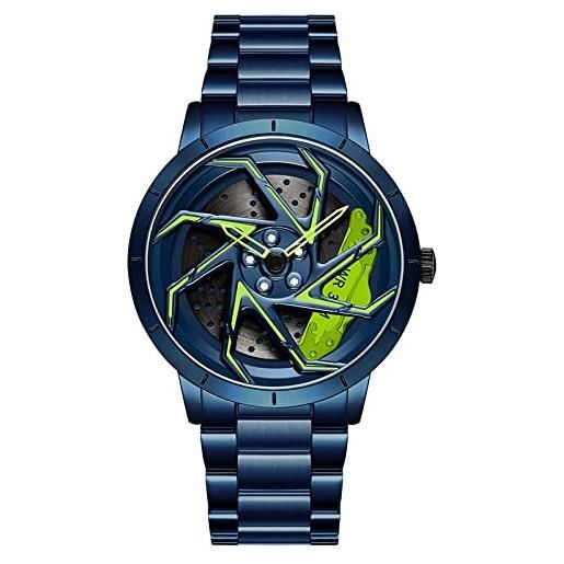 RWXCOW orologio da uomo creativo, orologio da polso, orologio da polso da auto, ruota e cerchioni, orologio da uomo, sportivo, impermeabile, design personalizzato, 3d, per ruota e mozzo al quarzo, 