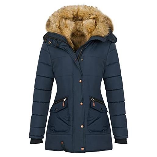 Kobilee cappotto invernale lungo da donna, caldo, impermeabile, foderato con pelliccia, con cappuccio elegante, in vita, blu, m