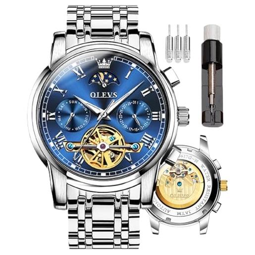 OLEVS mens automatic watches skeleton mechanical self winding luxury dress wrist watch moon phase day date waterproof luminous two tone watches gifts