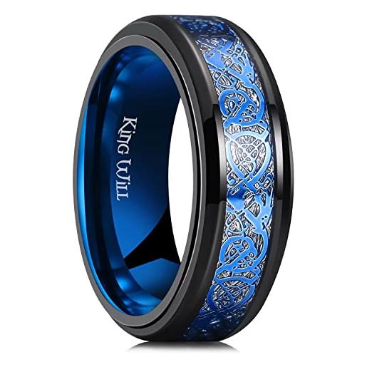 King Will anello fidget nero con drago celtico, anello in acciaio inox blu/rosso intarsio in fibra di carbonio 8 mm anello ansia per uomini e donne, z(68.47mm), acciaio inossidabile, nessuna pietra