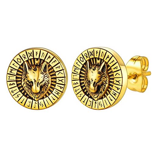 FaithHeart orecchini vichinghi tondi da uomo unisex totem rune vichingo gioielli amuleto lupo in oro impermeabile