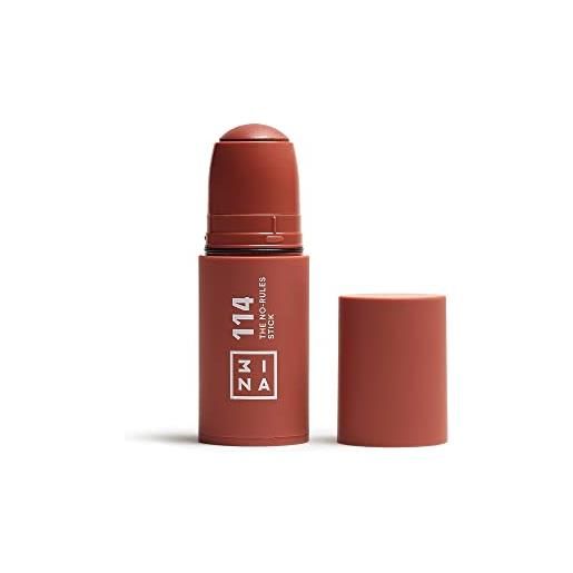 3ina makeup - the no - rules stick 114 - marrone - blush in crema marrone con acido ialuronico - blush stick per occhi labbra e guance - finitura naturale - vegan - cruelty free