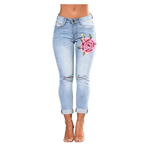 ANBIWANGLUO donna jeans slim strappati skinny, pantaloni elasticizzati con piccoli piedi ricamati a fiori taglia s-xxxl blu chiaro 48 / xxxl