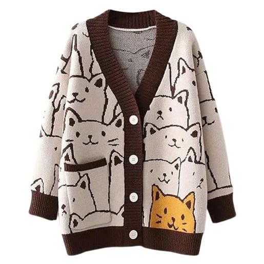 Sawmew cardigan da donna con gatto kawaii, maglione oversize con scollo a v, bottoni, vestibilità ampia, lavorato a maglia (color: brown, size: m)