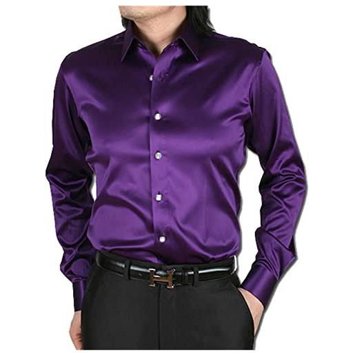 Generic camicie da uomo di lusso in seta lucida come raso con bottoni a maniche lunghe, viola, xxl