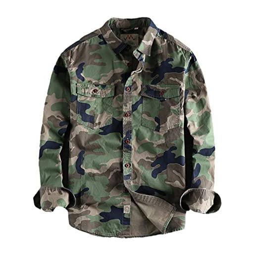 CJQJPNZ camicia mimetica verde uomo cargo durevole escursionismo esterno sport quotidiano in stile militare tasca casual cocicia camicia camouflage l