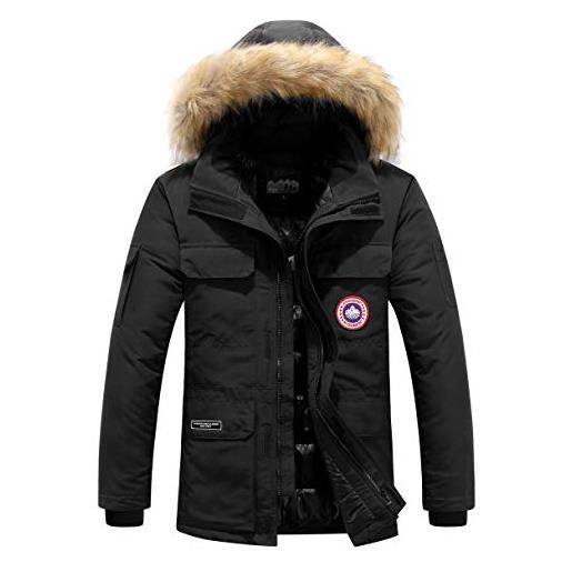 YYZYY - giacca invernale da uomo con collo in pelliccia, con cappuccio e cappuccio nero xxxl