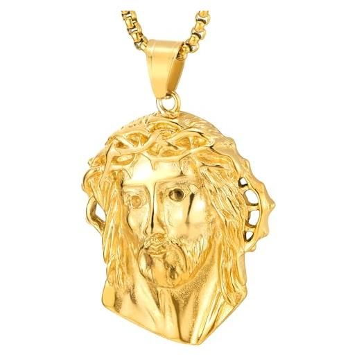 COOLSTEELANDBEYOND acciaio inossidabile colore oro gesù cristo pendente collana da uomo, con catena del grano 70cm