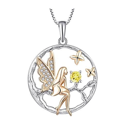 FJ collana angelo donna argento 925 collana con ciondolo elfo fata farfalla collana albero della vita collana novembre pietra portafortuna citrino gioielli regalo per donna