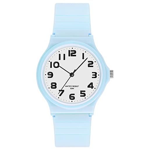 findtime orologio da donna analogico al quarzo, in plastica, 5 atm, impermeabile, per ragazze, ragazzi, numeri grandi, orologi semplici da donna anziani, blu, cinghie