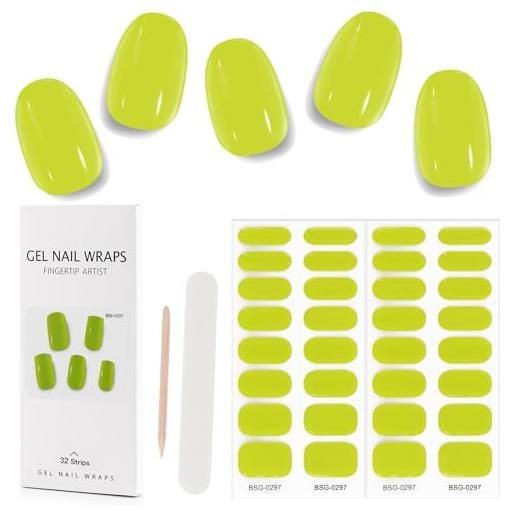 Kalolary 32pcs strisce di smalto in gel cure, adesivi per nail art adesivi a fascia completa, adesivi per chiodo uv/led gel impermeabili con file per chiodi e bastoncino (verde giallo)