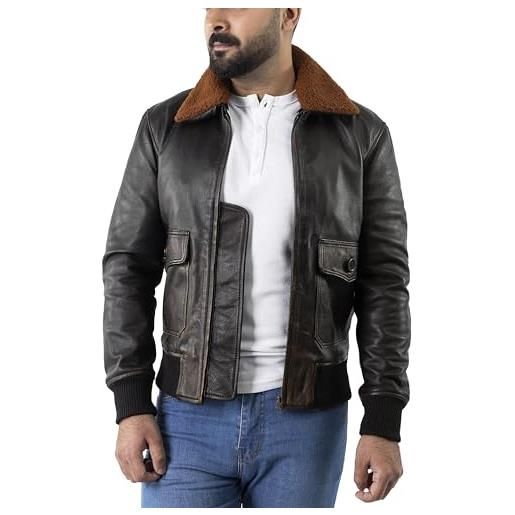 SHOP OF JACKETS LIMITED bomber aviator - giacca da uomo in vera pelle, con colletto in pelliccia artificiale rimovibile, giacca in pelle invecchiata da uomo, nero , xxl