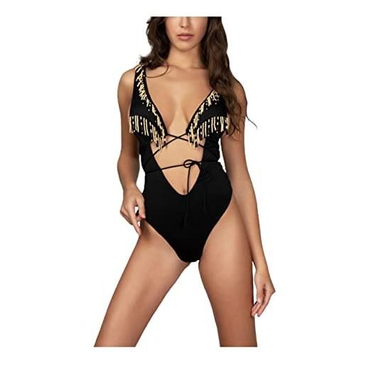 F**k monokini da donna nero con applicazione frange e profondo scollo sul davanti donna beachwear s