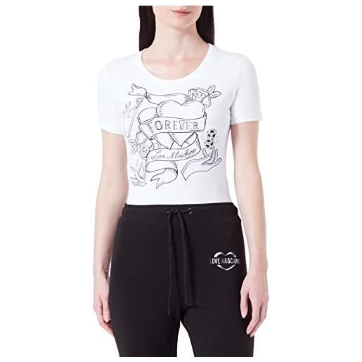 Love Moschino tight-fitting short sleeves with transparent rhinestones t-shirt, bianco, 50 donna
