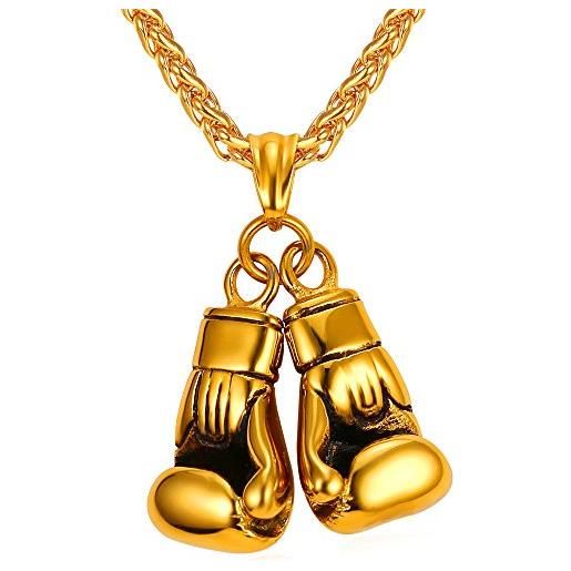 U7 collana pendente uomo guantoni da boxe boxing pugilato cindolo + catena regolabile, gioiello sportivo, acciaio inossidabile placcato oro 18k, regalo natale, confezione, oro