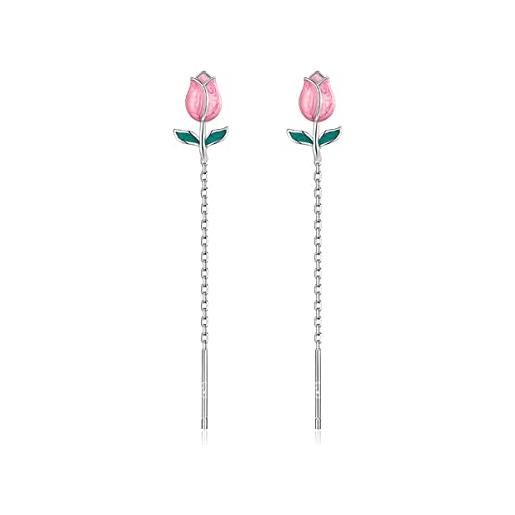 SLUYNZ 925 orecchini pendenti in argento in argento tulipano catena per donne ragazze adolescenti orecchini penzolanti fiore rosa nappa threader