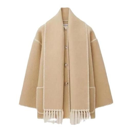 Hongsuny donna autunno inverno casual oversized removibile sciarpa fringe collarless giacca di lana cappotto di lana con tasche