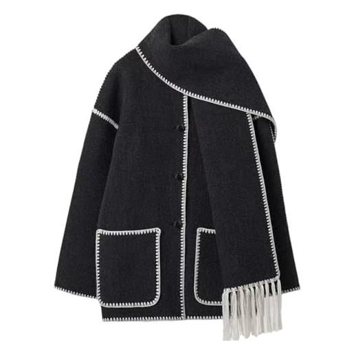 Hongsuny donna autunno inverno casual oversized removibile sciarpa fringe collarless giacca di lana cappotto di lana con tasche