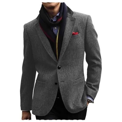 Tiavllya uomo tweed herringbone blazer business cappotto slim fit lana mix tuta giacca, grigio. , 60