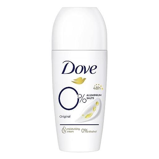 Dove deodorante roll-on originale 0% deodorante senza sali di alluminio, con crema nutriente 1/4 e protezione per 48 ore, 50 ml, 6 pezzi