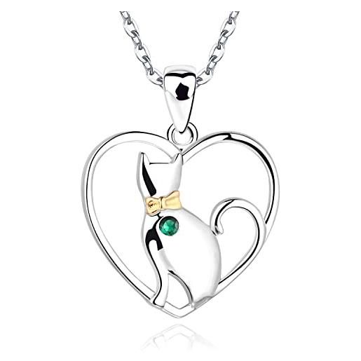 JO WISDOM collana gatto nel cuore argento 925 donna con zirconia cubica cristallo può birthstone colore smeraldo