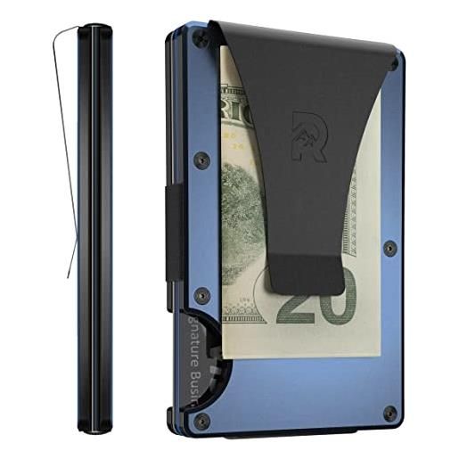 The Ridge minimalist slim wallet for men - porta carte di credito tasca frontale con blocco rfid - portafoglio in metallo per uomo con fermasoldi (navy)