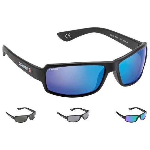 Cressi ninja flexible sunglasses - occhiali sportivi da sole polarizzati flessibili da uomo, nero-lente specchiata blu, taglia unica