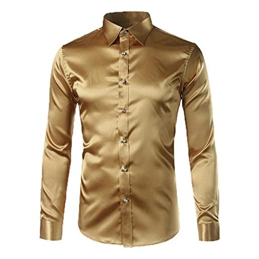 Bangqi camicia in raso di seta dorata moda uomo camicia elegante abbottonata in seta a maniche lunghe slim fit da uomo rossa gold m