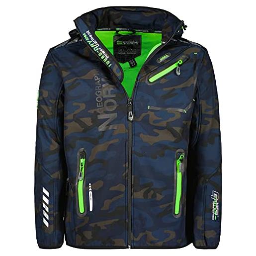Geographical Norway, giacca impermeabile da uomo in softshell, adatta per attività all'aperto, con cappuccio, blu navy/verde. , l