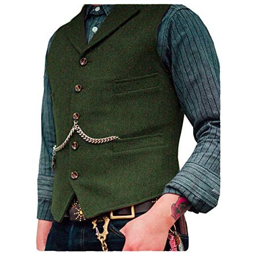 HSLS panciotto da abito casual gilet a spina di pesce in tweed di lana a pois regular fit per smoking(xxl, esercito verde)