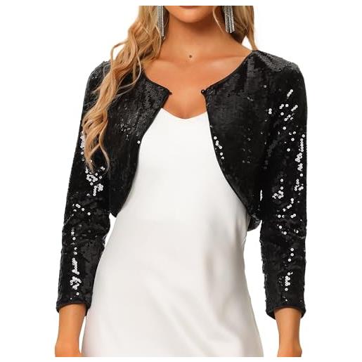 Allegra K giacca paillettes donna maniche a 3/4 elegante con paillettes coprispalle aperto sul davanti per festival e party rosso l
