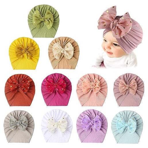 ISAKEN 11 pezzi cappello neonato in cotone cappellino bambino cappelli turbante neonata berretti bambino cappelli a turbante in cotone capelli con fiocco per bambine infanti bambini