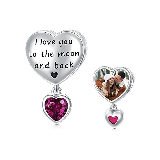 LONAGO personalizzato foto charm per le donne argento 925 pietra natale con ti amo fino alla luna e al ritorno charm perline (luglio)
