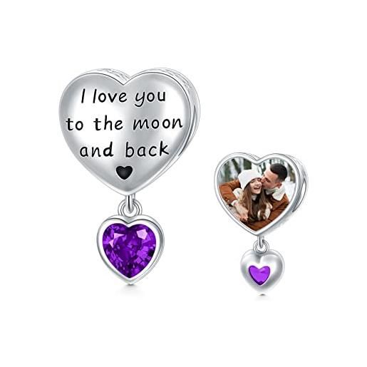 LONAGO personalizzato foto charm per le donne argento 925 pietra natale con ti amo fino alla luna e al ritorno charm perline (febbraio)