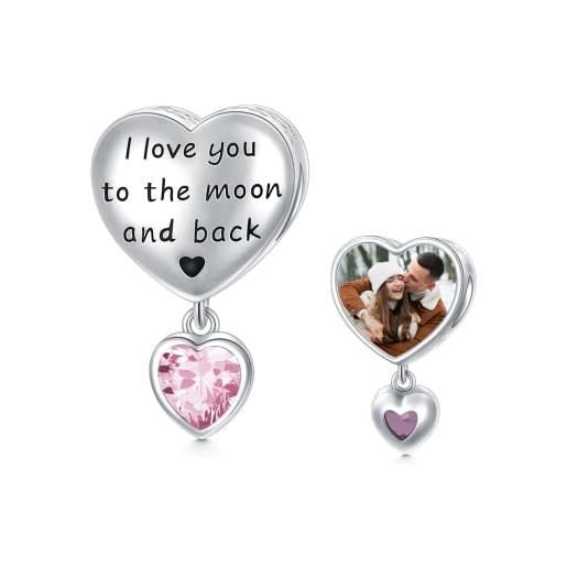 LONAGO personalizzato foto charm per le donne argento 925 pietra natale con ti amo fino alla luna e al ritorno charm perline (ottobre)