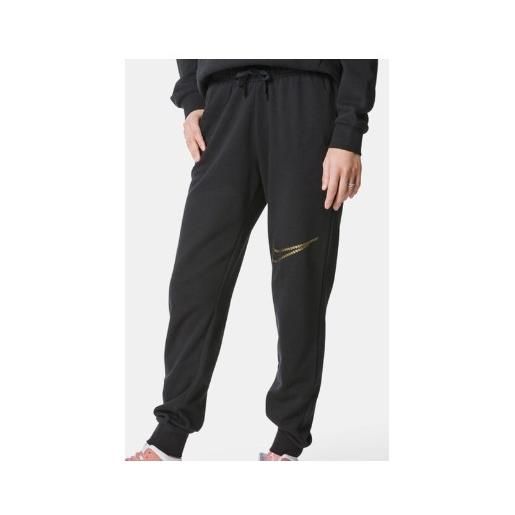 Nike w nsw club flc shine mr pant black pantalone nero logo oro donna