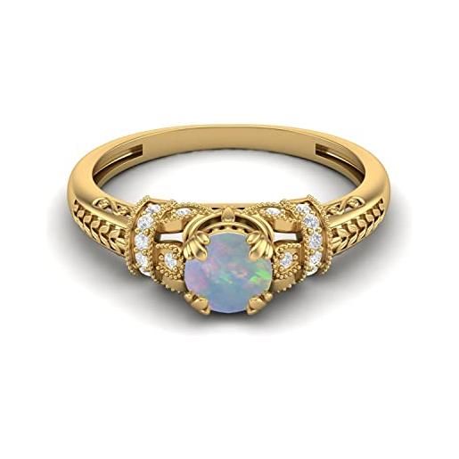 MOONEYE anello da promessa con opale etiope naturale di forma rotonda da 5 mm in argento sterling 925 con motivo floreale (vermeil oro giallo, 14)