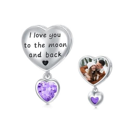 LONAGO personalizzato foto charm per le donne argento 925 pietra natale con ti amo fino alla luna e al ritorno charm perline (giugno)