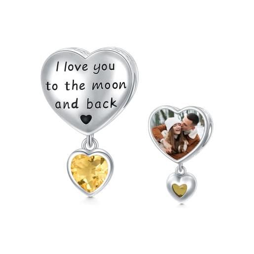 LONAGO personalizzato foto charm per le donne argento 925 pietra natale con ti amo fino alla luna e al ritorno charm perline (novembre)